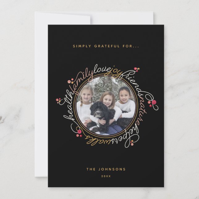Custom Photo Gratitude Wreath Photo Holiday Card (Front)
