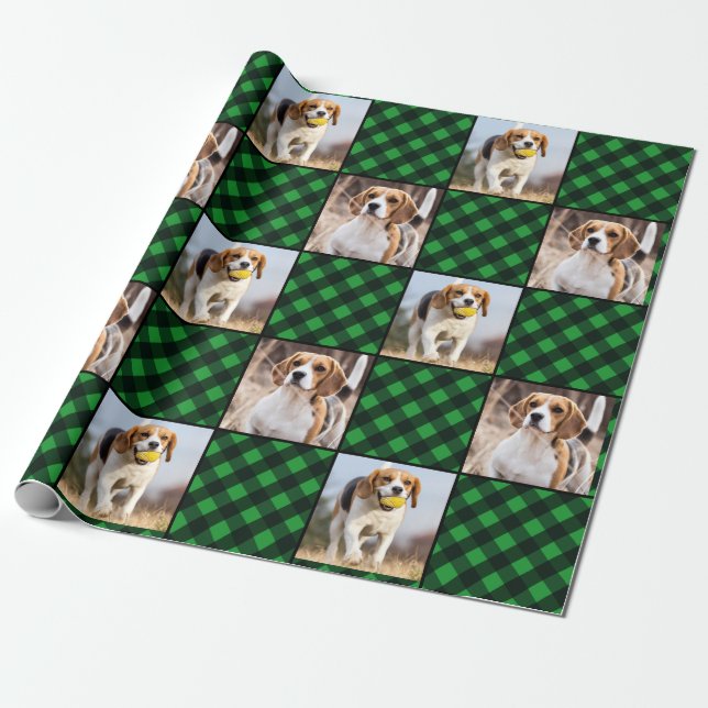 Custom Photo Green Buffalo Plaid Holiday Christmas Wrapping Paper (Unrolled)