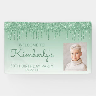 Custom Photo Green Glitter Drip 50th Birthday Banner