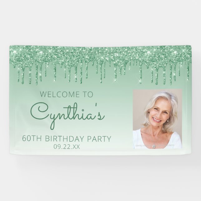 Custom Photo Green Glitter Drip 60th Birthday Banner (Horizontal)