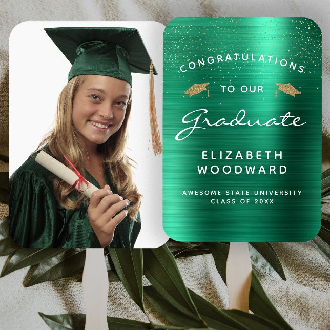 Custom Photo Green Metallic White Gold Graduation Hand Fan (Creator Uploaded)