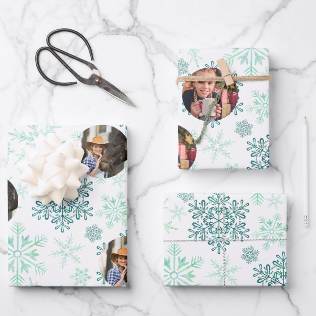 Custom Photo Green Snowflakes Set of 3 Wrapping Paper Sheet (Front)