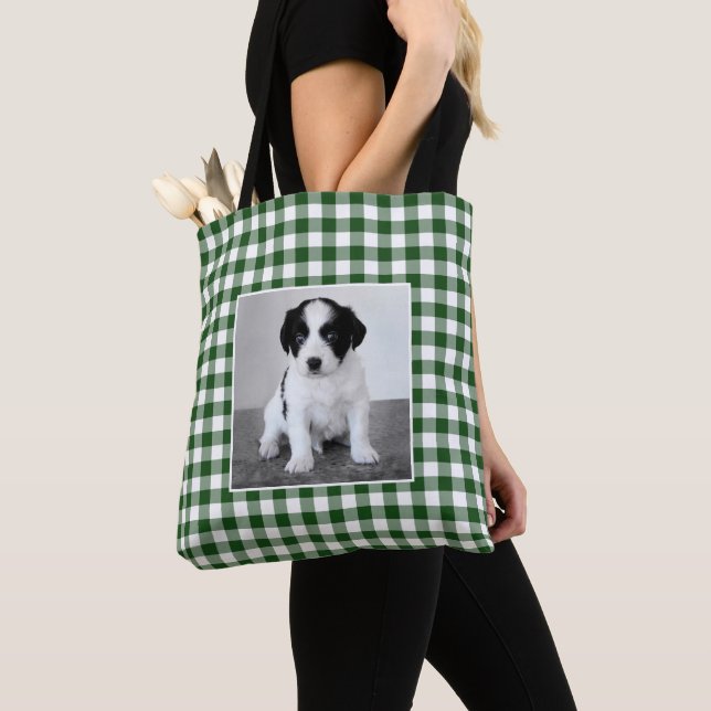 Custom Photo Green White Gingham Check Pattern Tote Bag (Close Up)