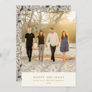 Custom Photo Grey Botanical Elegant Vertical Flat Holiday Card