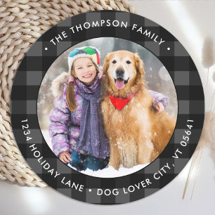 Custom Photo Grey Buffalo Plaid Return Address Classic Round Sticker