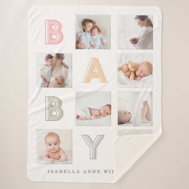 Custom Photo Grid Collage Modern Baby Block Letter Sherpa Blanket (Front)