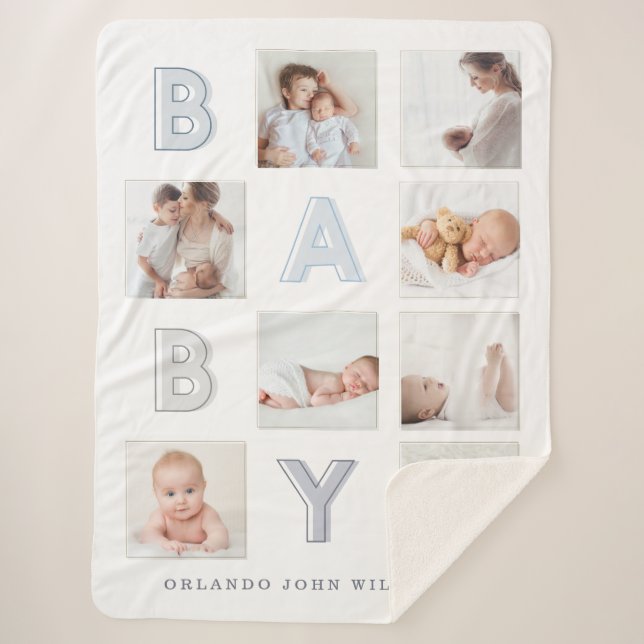 Custom Photo Grid Collage Modern Baby Block Letter Sherpa Blanket (Front)