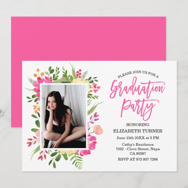 Custom Photo Hand Lettered Graduation Floral Invitation (Front/Back)