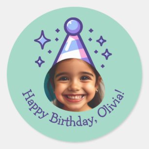 Custom Photo Happy Birthday Party Hat Favours Classic Round Sticker
