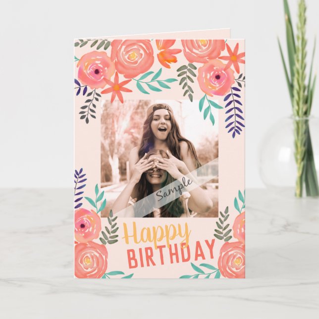 Custom Photo "Happy Birthday" Pink Coral Roses Card (Front)