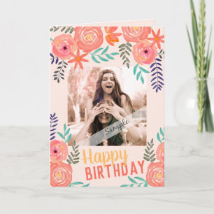Custom Photo "Happy Birthday" Pink Coral Roses Card