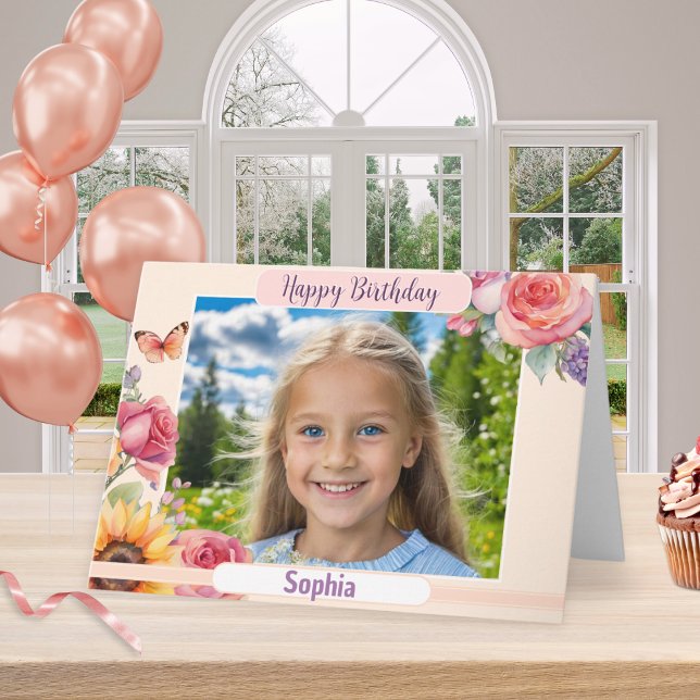Custom Photo Happy Birthday Pretty Floral Elegant Card (A very pretty birthday card with summer flowers, to personalize with a name and photo)