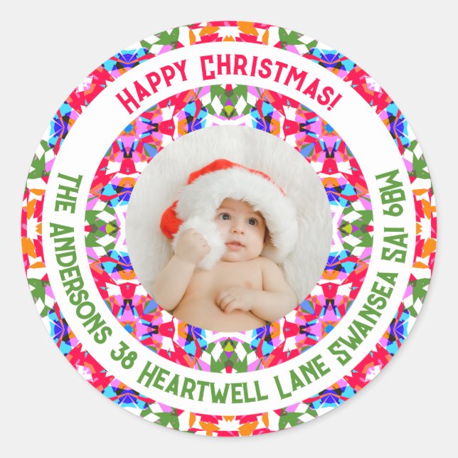 Custom Photo Happy Christmas Colorful Address Classic Round Sticker (Front)