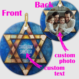 Custom photo Happy Hanukkah✡️, Star of David Ceramic Ornament