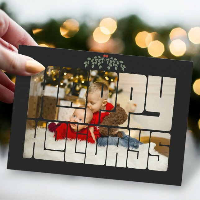 Custom Photo Happy Holidays Text Black Christmas Holiday Card (Creator Uploaded)
