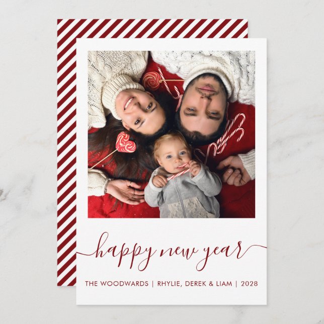 Custom Photo Happy New Year Dark Red Script Holida Holiday Card (Front/Back)