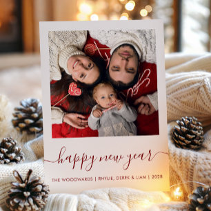Custom Photo Happy New Year Dark Red Script Holida Holiday Card