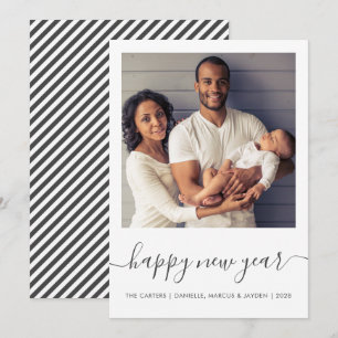 Custom Photo Happy New Year Grey Script Minimalist Holiday Card