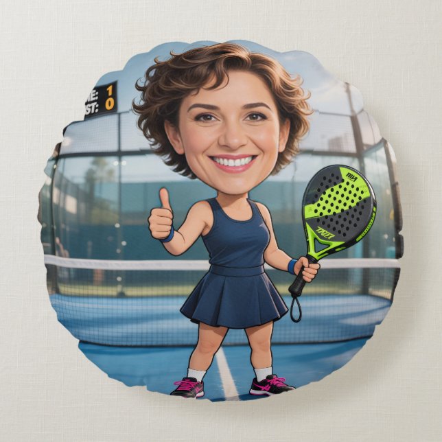 Custom Photo Head Padel/Pickleball Player Caricatu Round Cushion (Front)