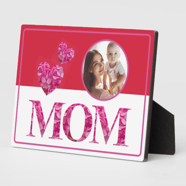 Custom Photo, Hearts MOM Pink Floral Lettering Red Plaque (Side)