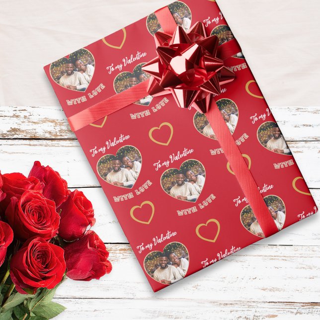 Custom Photo Hearts Pattern Red Gold Valentine Wrapping Paper (Gift wrap in red and faux gold with 'To my Valentine with love' words and custom photo hearts)