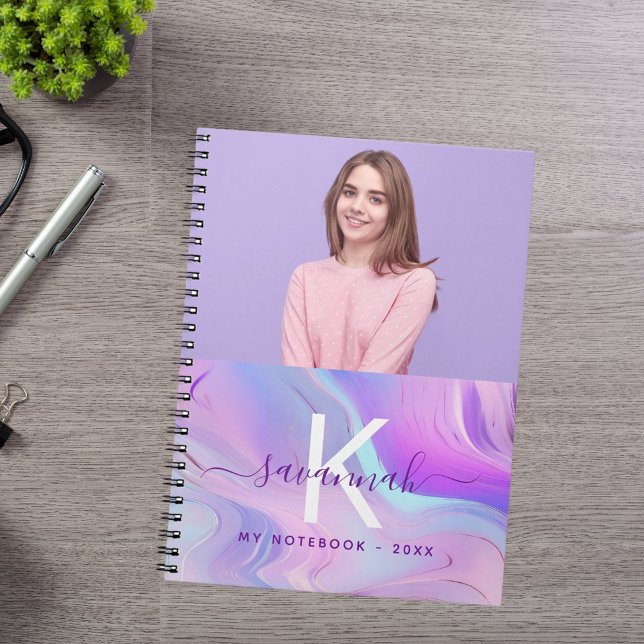 Custom photo holographic pink purple monogram notebook (Creator Uploaded)