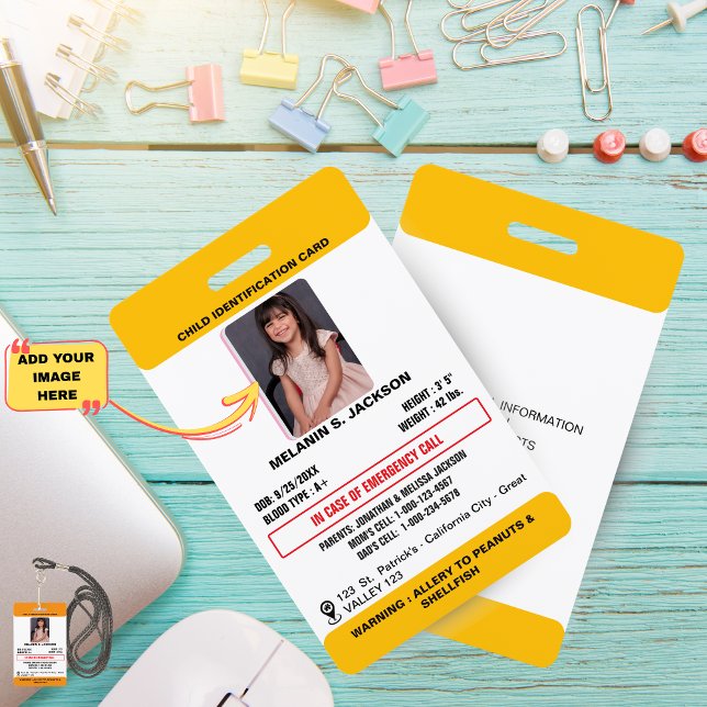 Custom Photo ID Badge for Kids with Emergency Cont (Child Photo Emergency ID Identification Card Badge)