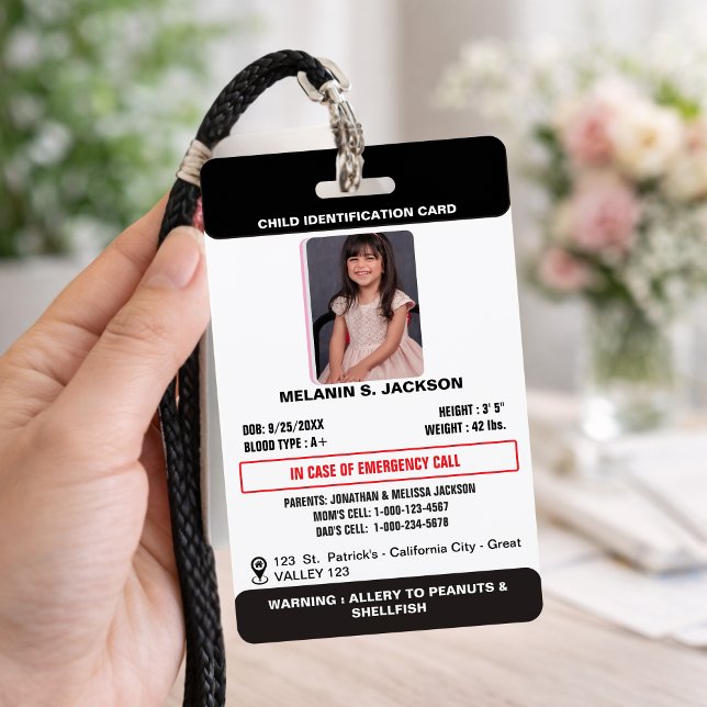 Custom Photo ID Badge for Kids with Emergency Cont (Custom Child Emergency Photo ID Badge with Parent Contact and Medical Alert Details)
