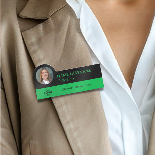 Custom Photo ID Logo Modern Green Black Employee Name Tag