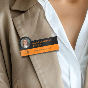 Custom Photo ID Logo Modern Orange Black Employee Name Tag