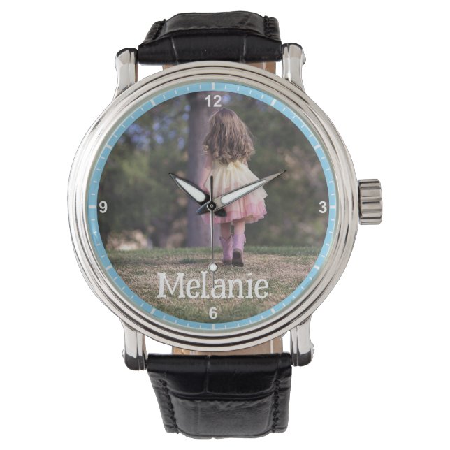 Custom Photo Image Template Blue Border Frame Kids Watch (Front)
