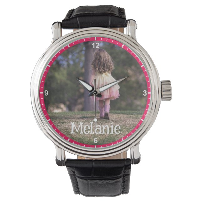 Custom Photo Image Template Pink Border Frame Kids Watch (Front)