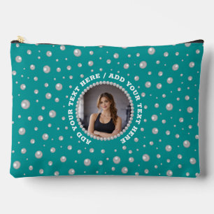 Custom Photo in Pearl Circle on Cyan-Green Accessory Pouch