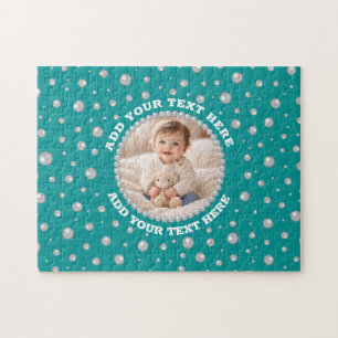 Custom Photo in Pearl Circle on Cyan-Green Jigsaw Puzzle