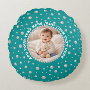 Custom Photo in Pearl Circle on Cyan-Green Round Cushion