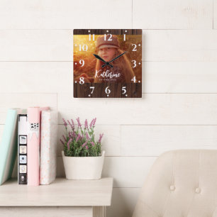 Custom Photo in Rustic Dark Brown Wood Board Square Wall Clock