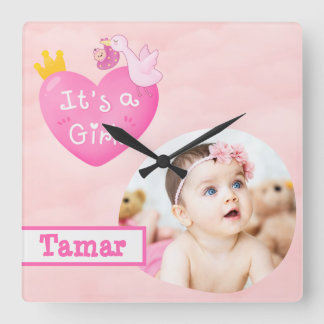 Custom Photo - It's a Girl Square Wall Clock