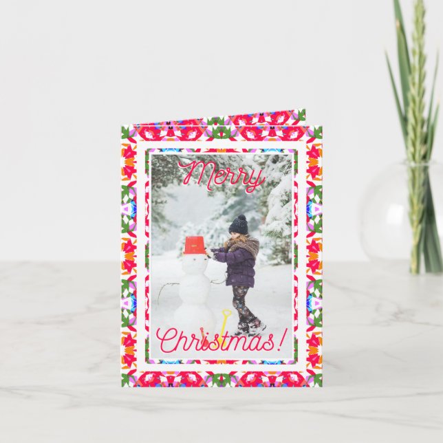 Custom Photo Jolly Red Happy Green Merry Christmas Holiday Card (Front)