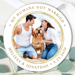 Custom Photo Just Married Elegant Gold Wedding Classic Round Sticker