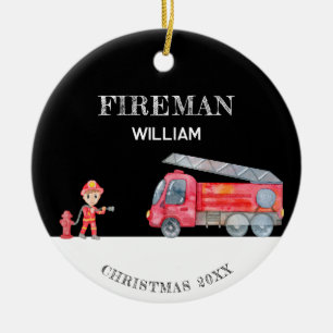 Custom Photo Keepsake Fireman Christmas Firetruck Ceramic Ornament