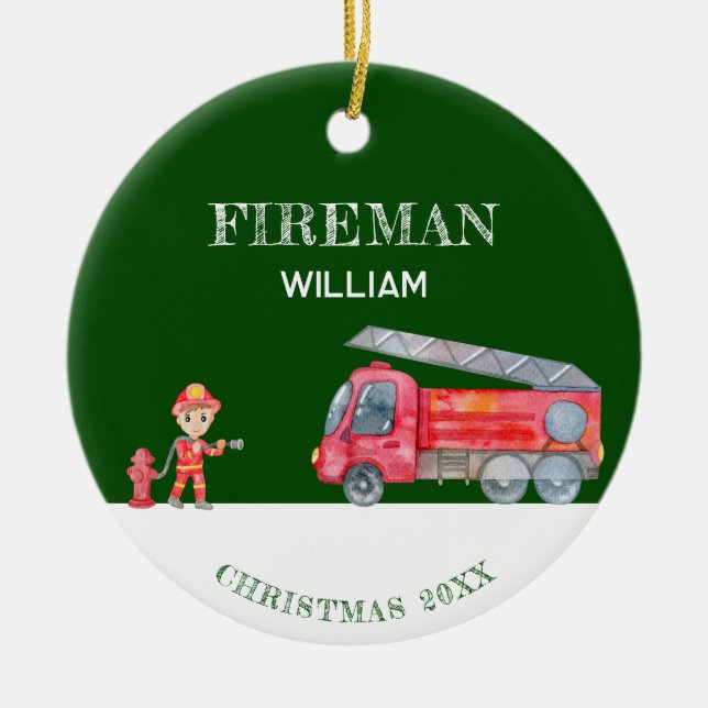 Custom Photo Keepsake Fireman Christmas Firetruck Ceramic Ornament (Front)