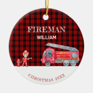 Custom Photo Keepsake Fireman Christmas Firetruck Ceramic Ornament