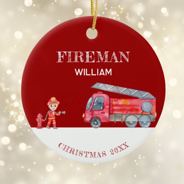 Custom Photo Keepsake Fireman Christmas Firetruck Ceramic Ornament (Custom Photo Keepsake Fireman Christmas Firetruck Ceramic Tree Decoration)