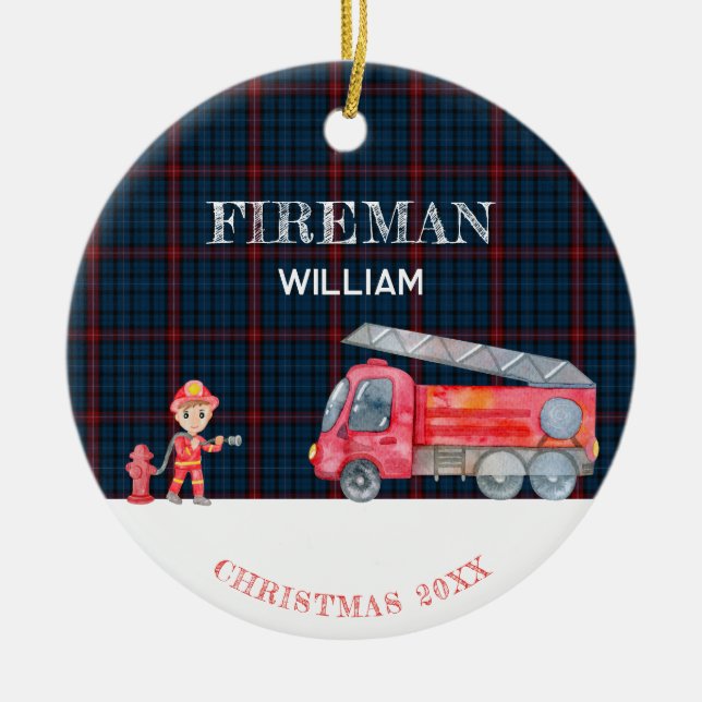 Custom Photo Keepsake Fireman Christmas Firetruck Ceramic Ornament (Front)
