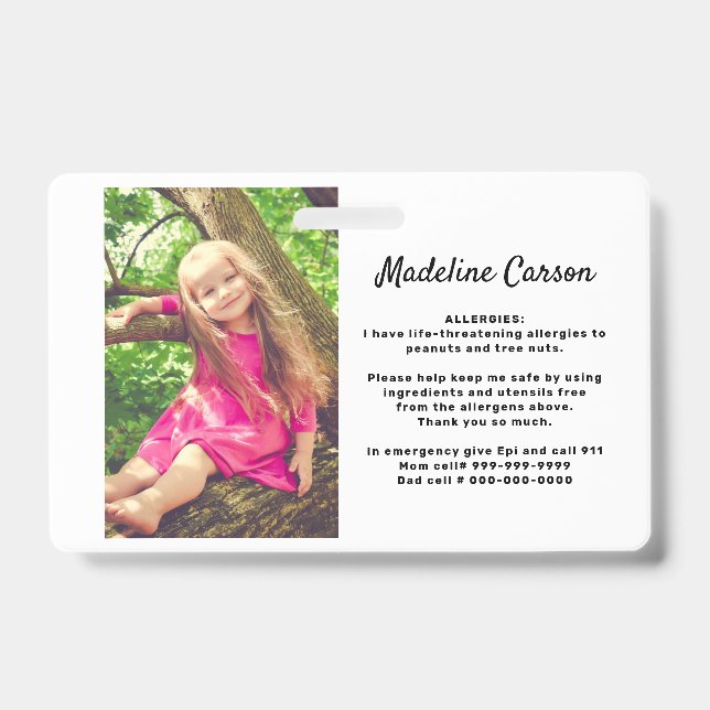 Custom Photo Kids Allergy Alert ICOE Simple Modern ID Badge (Front)