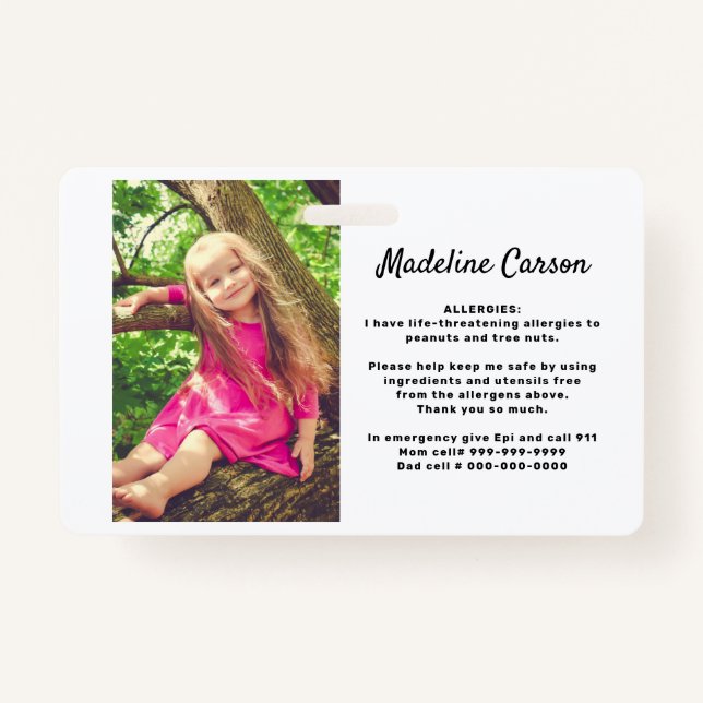 Custom Photo Kids Allergy Alert ICOE Simple Modern ID Badge (Front)