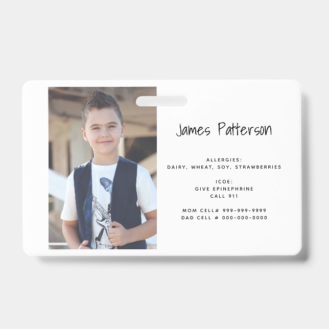 Custom Photo Kids Allergy Alert ICOE Warning Badge ID Badge (Front)