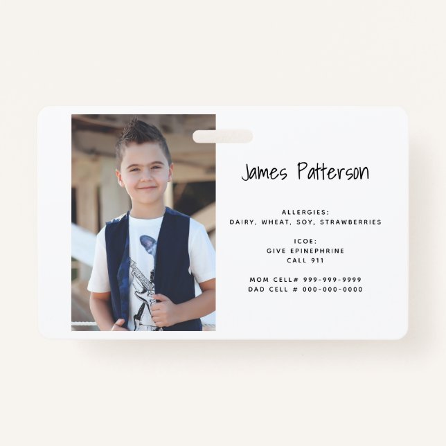 Custom Photo Kids Allergy Alert ICOE Warning Badge ID Badge (Front)