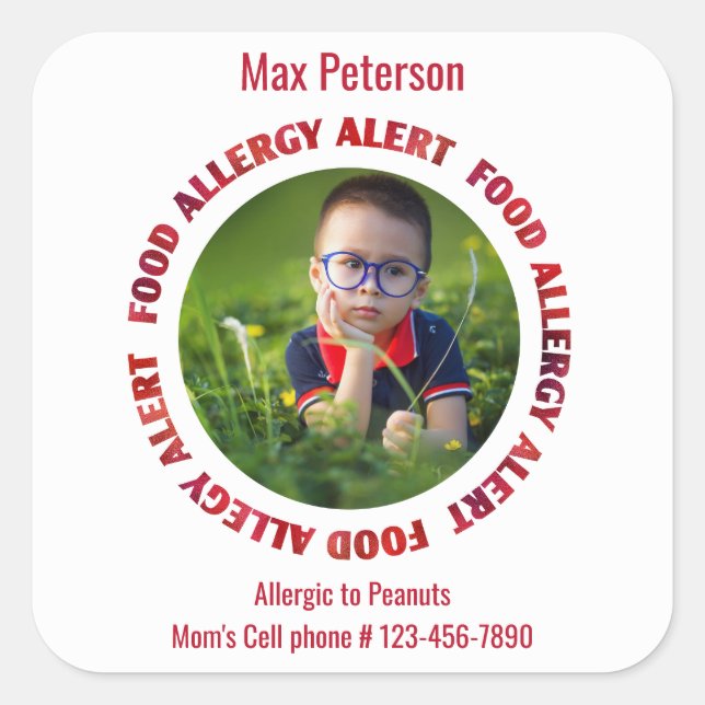 Custom Photo Kids Food Allergy Medical Alert Square Sticker (Front)