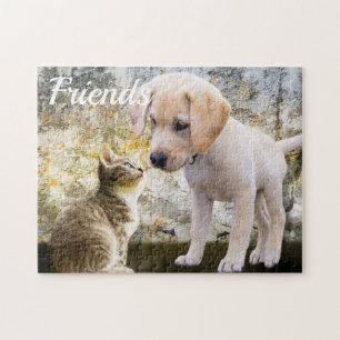 Custom photo, kitten cat & retriever puppy dog, jigsaw puzzle